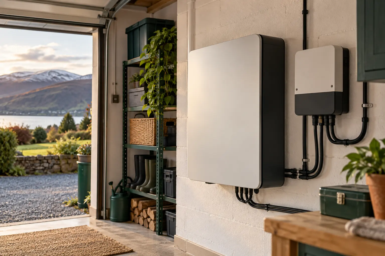 Illustrative home battery and inverter in a utility space